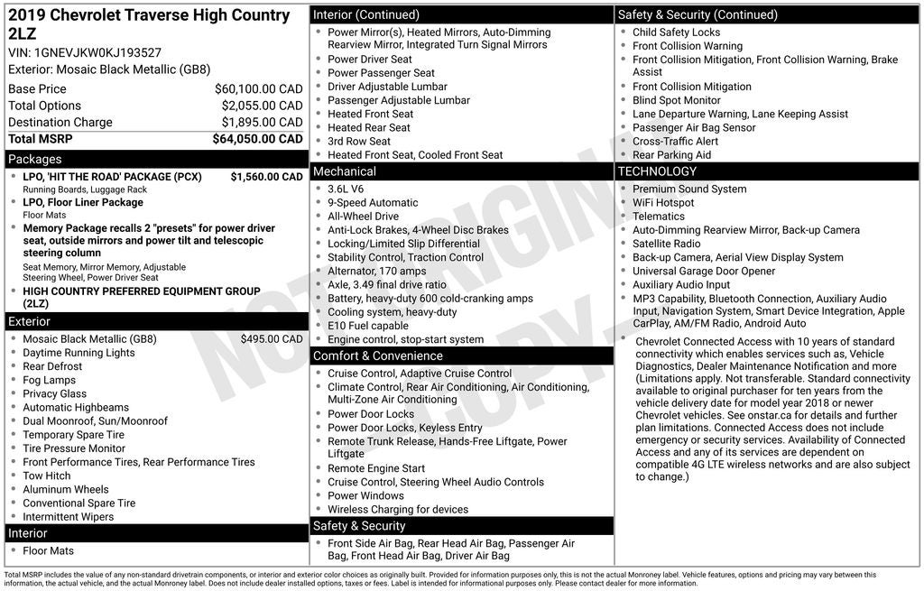 2019 Chevrolet Traverse High Country Power moonroof