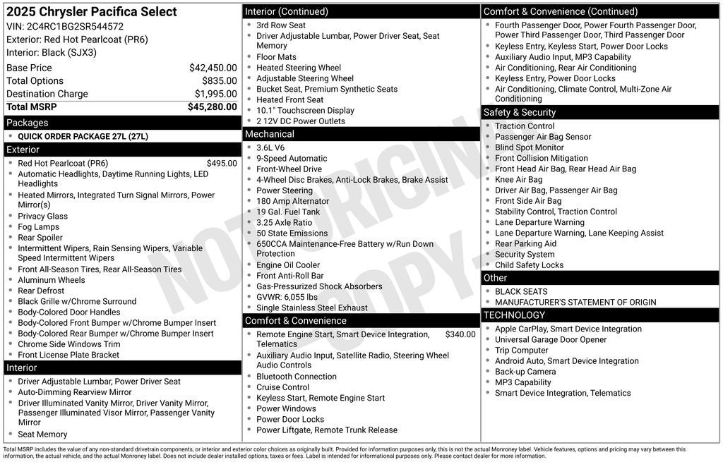2025 Chrysler Pacifica Select Radio: Uconnect 5 with 10.1" Display