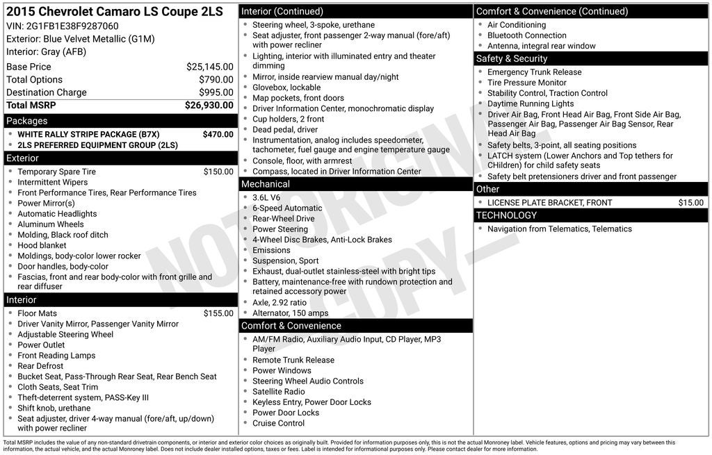 2015 Chevrolet Camaro 2LS Preferred Equipment Group 2LS