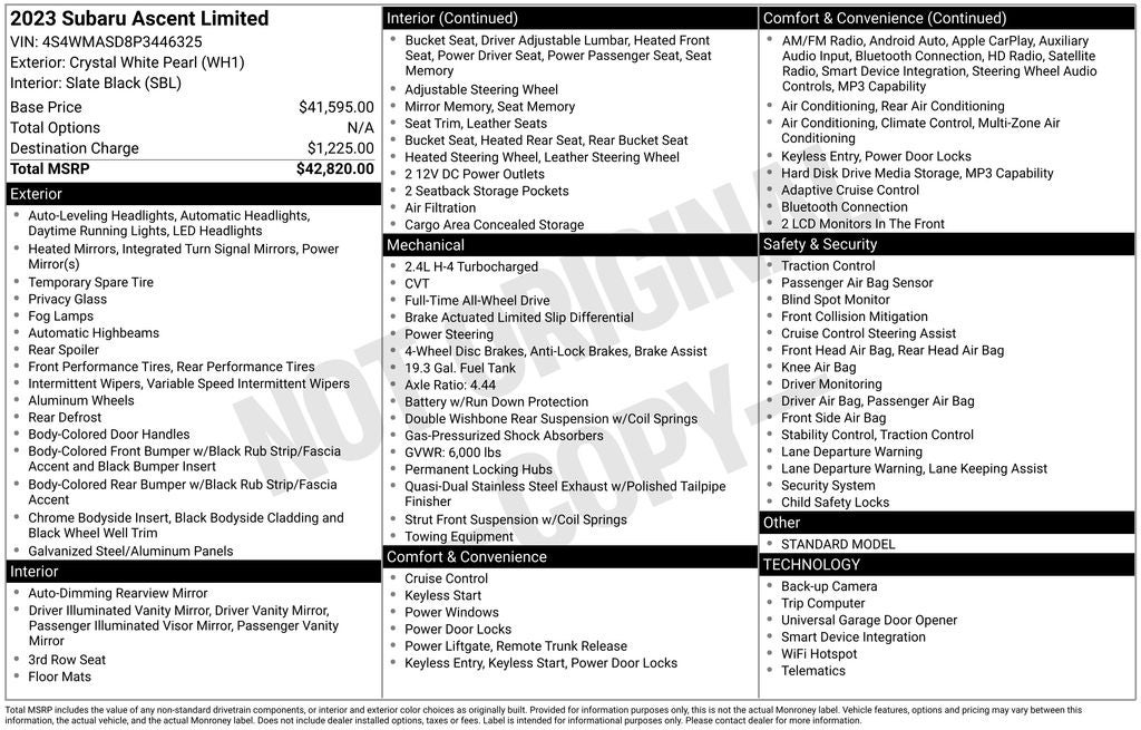 2023 Subaru Ascent Limited STARLINK/Apple CarPlay/Android Auto & Exterior Par