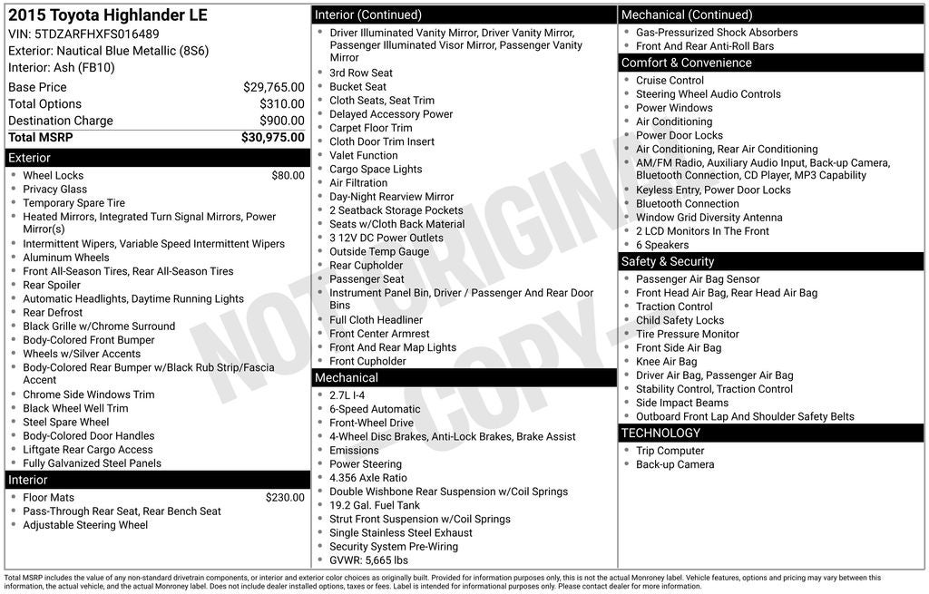 2015 Toyota Highlander LE 3rd row seats