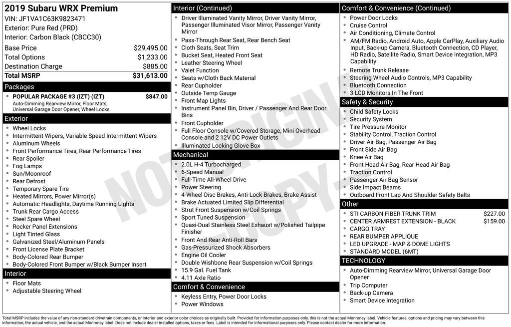 2019 Subaru WRX Premium Popular Package #3 (IZT)