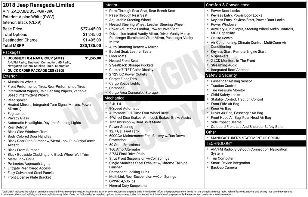 2018 Jeep Renegade Limited Uconnect 8.4 Nav Group