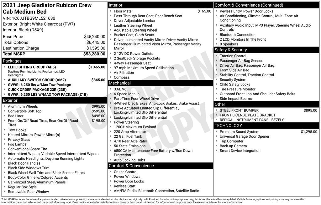 2021 Jeep Gladiator Rubicon 3.6 L V6 Sunrider Top Alpine Audio Rear
