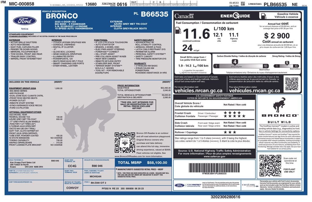 2023 Ford Bronco Big Bend 222A MID PKG REMOTE START 2.3L ECOBOOST10 SPED TRA