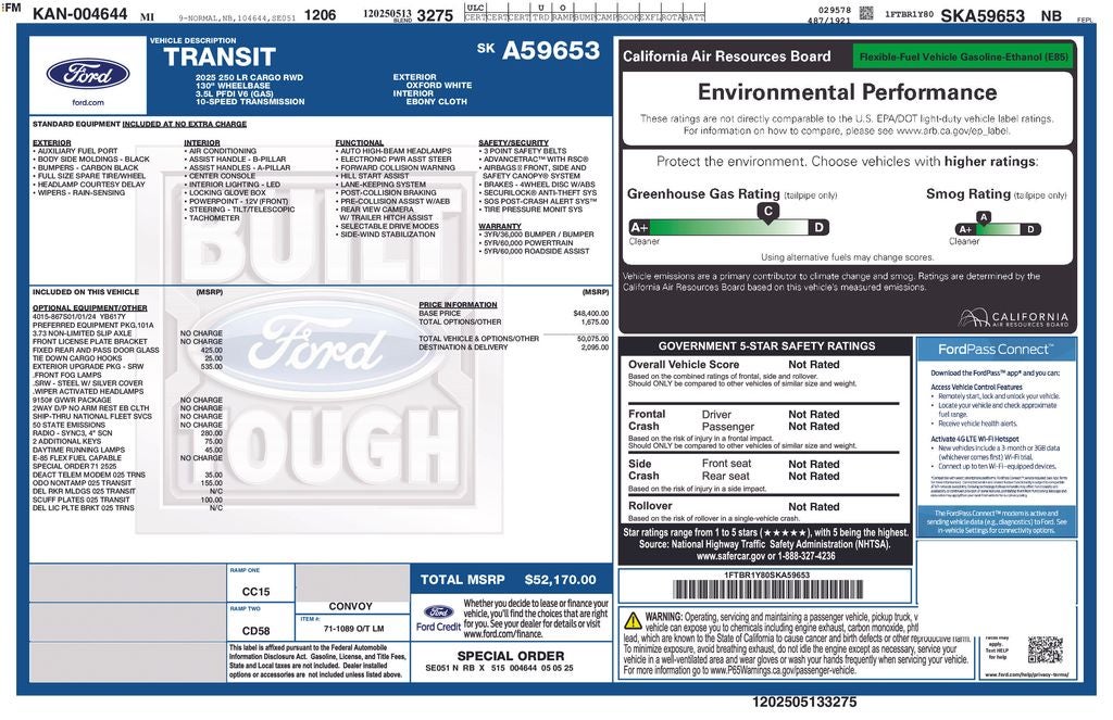 2025 Ford Transit-250 Base Low Roof Cargo Van Rear Camera Running Boards