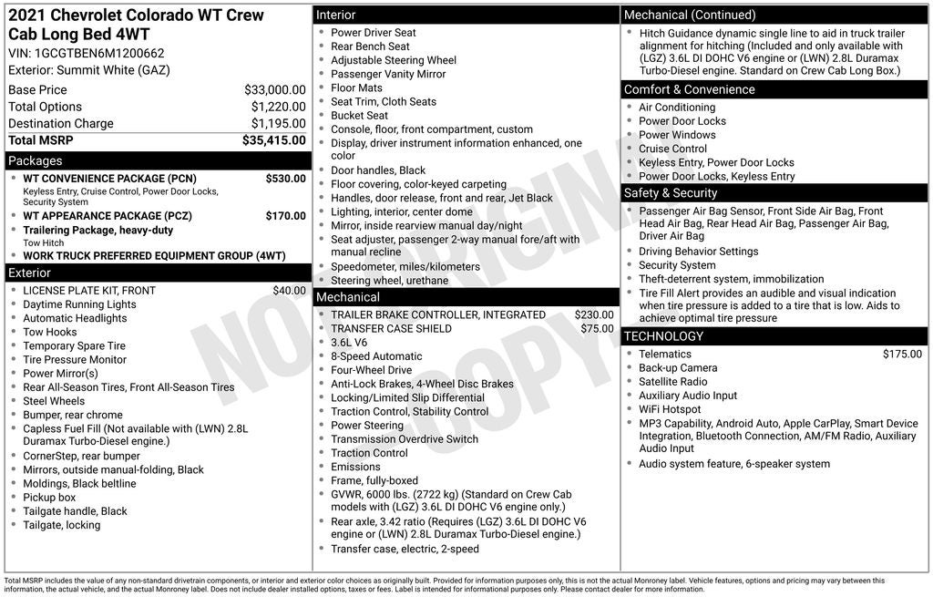 2021 Chevrolet Colorado Work Truck CREW CAB 4X4 APPEARANCE PKG REAR CAMERA