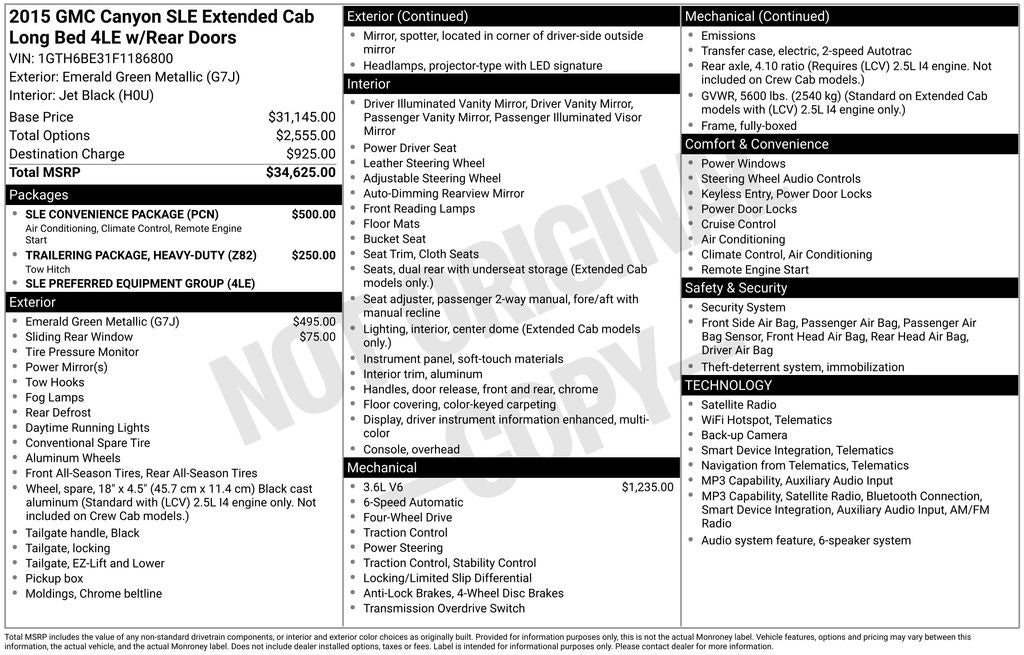 2015 GMC Canyon SLE1 Extended Cab 4x4 V6 Chrime Running Boards Tonneau