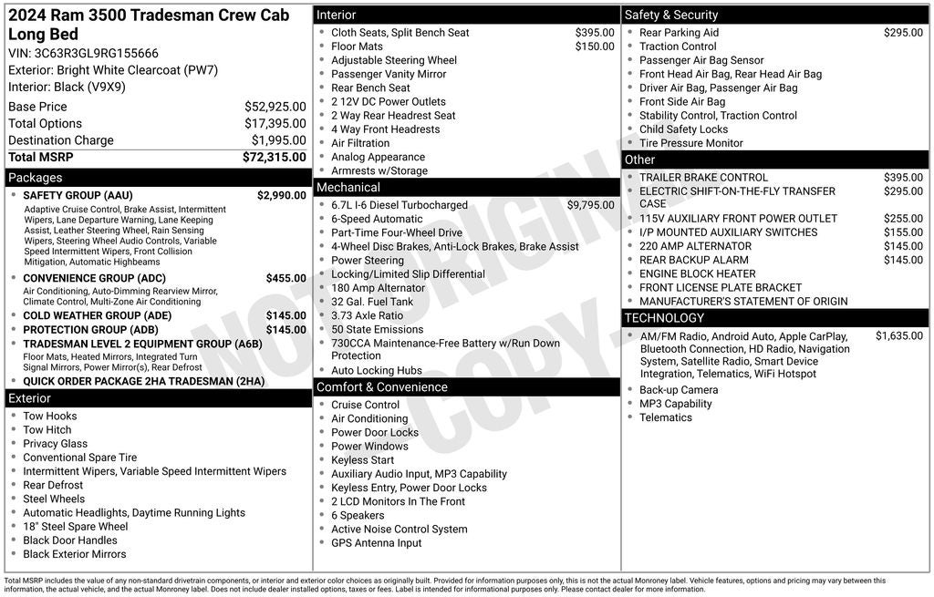 2024 RAM 3500 Tradesman CREW CAB 4X4 NAVIGATION 6.7 LITER CUMMINGS DIESEL