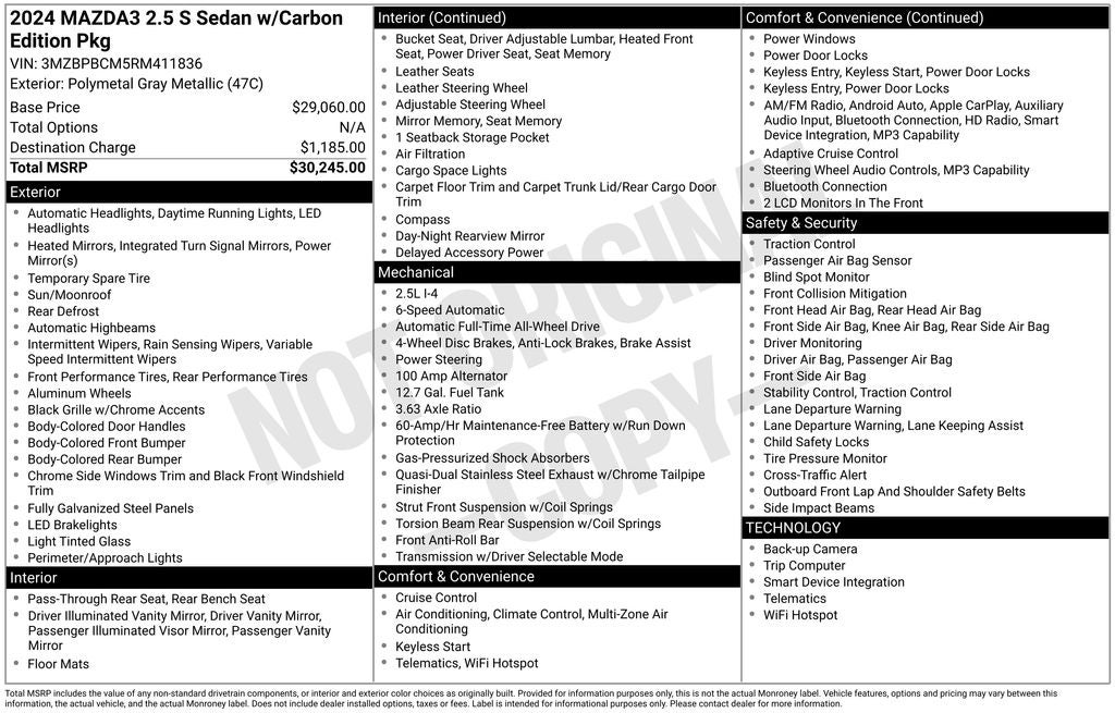 2024 Mazda Mazda3 2.5 S Carbon Edition AWD Moonroof Heated Red Leather Seats 18" Black Wh