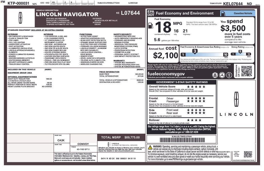 2019 Lincoln Navigator Reserve Panoramic Roof Power Running Boards HD Tow Pkg Ven