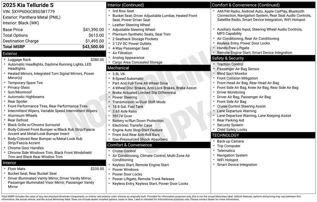 2025 Kia Telluride S V6 AWD Leather Power Moonroof Navigation Blis Blac