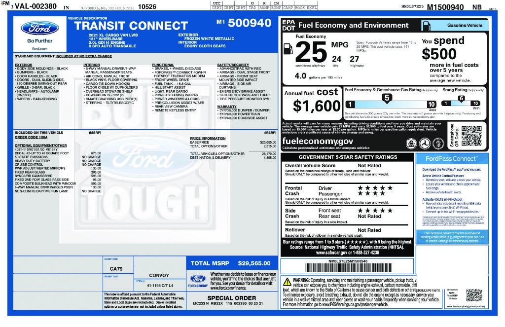 2021 Ford Transit Connect XL CARGO WORK VAN