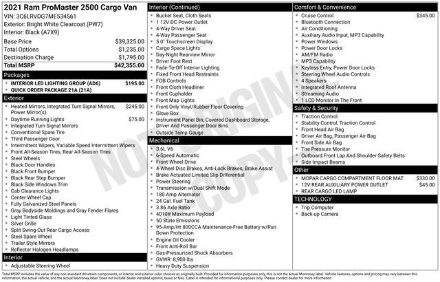 2021 RAM ProMaster 2500 Cargo Van High Roof 159' WB